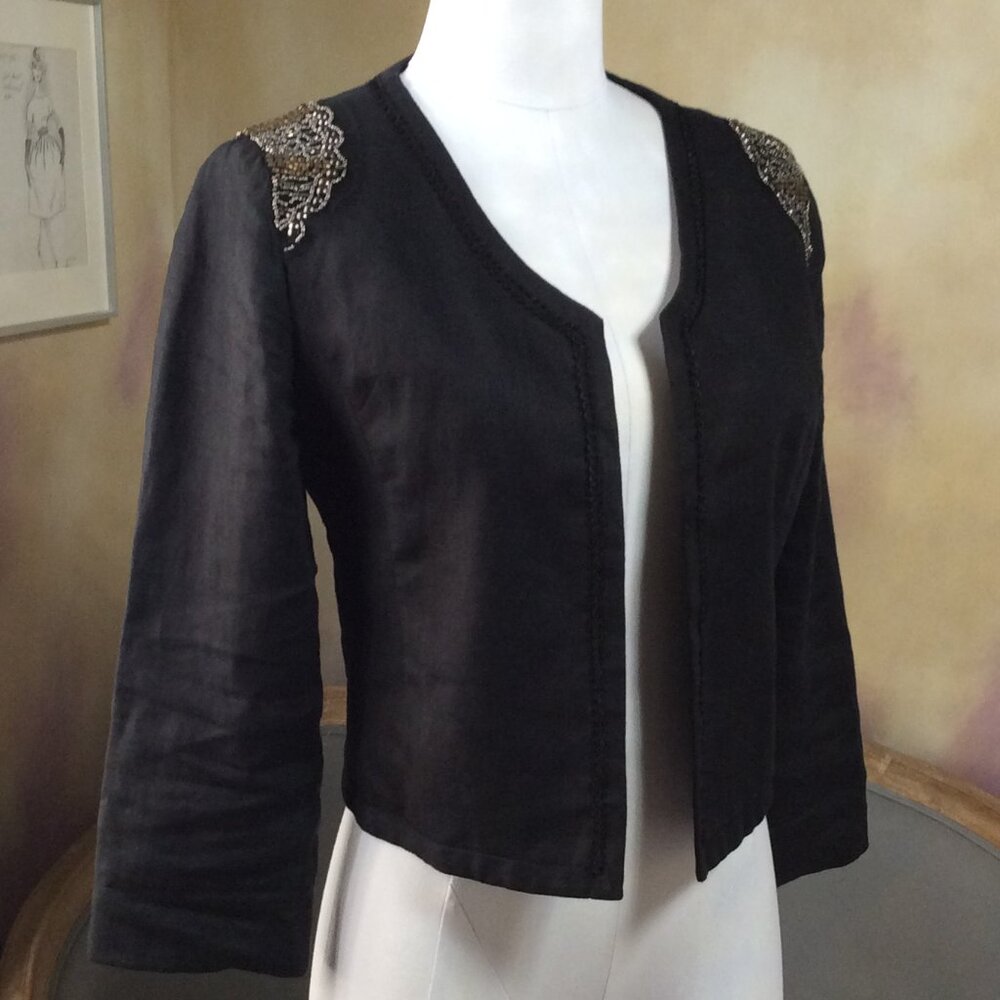 Harlowe & Graham black linen crop jacket with beaded shoulder, like new!